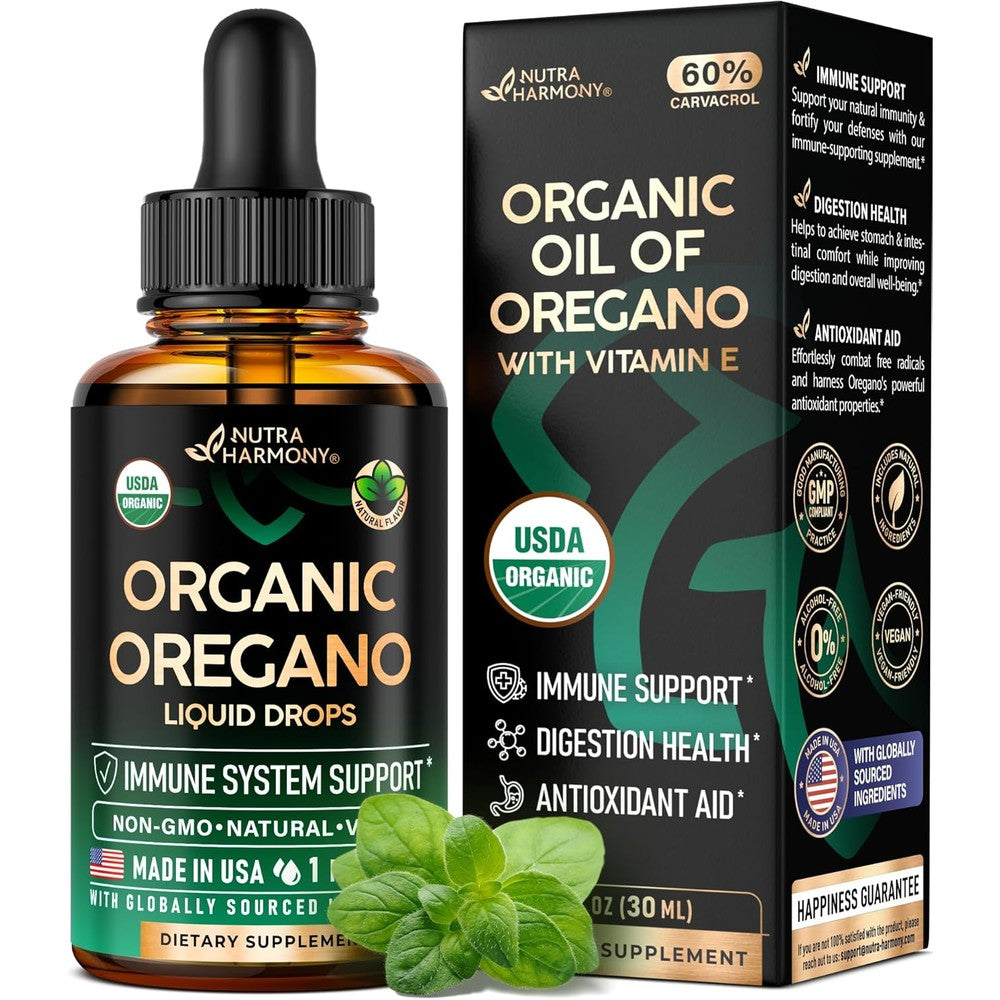 Nutraharmony USDA Organic Oil of Oregano Liquid Drops front view bottle for natural immune support