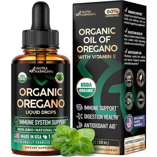 Nutraharmony USDA Organic Oil of Oregano Liquid Drops front view bottle for natural immune support