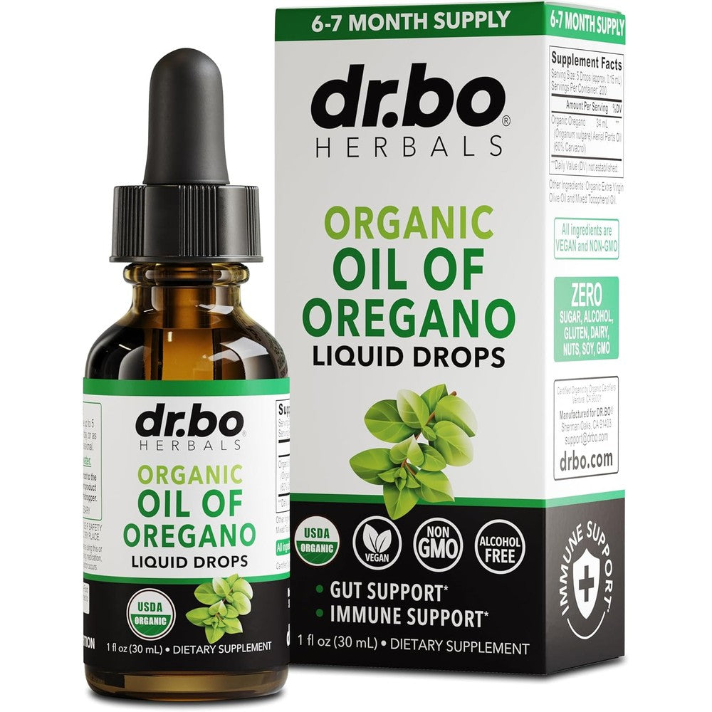 Dr. Bo Organic Oil of Oregano Liquid Drops front bottle view for immune support
