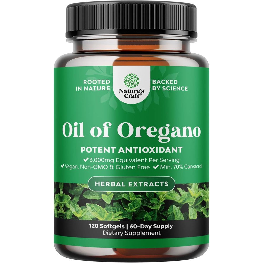 Natures Craft Wild Oregano Oil Softgels front view bottle showcasing one hundred twenty capsules for gut health