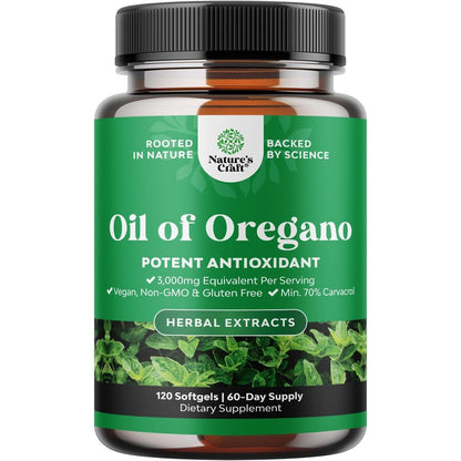 Natures Craft Wild Oregano Oil Softgels front view bottle showcasing one hundred twenty capsules for gut health