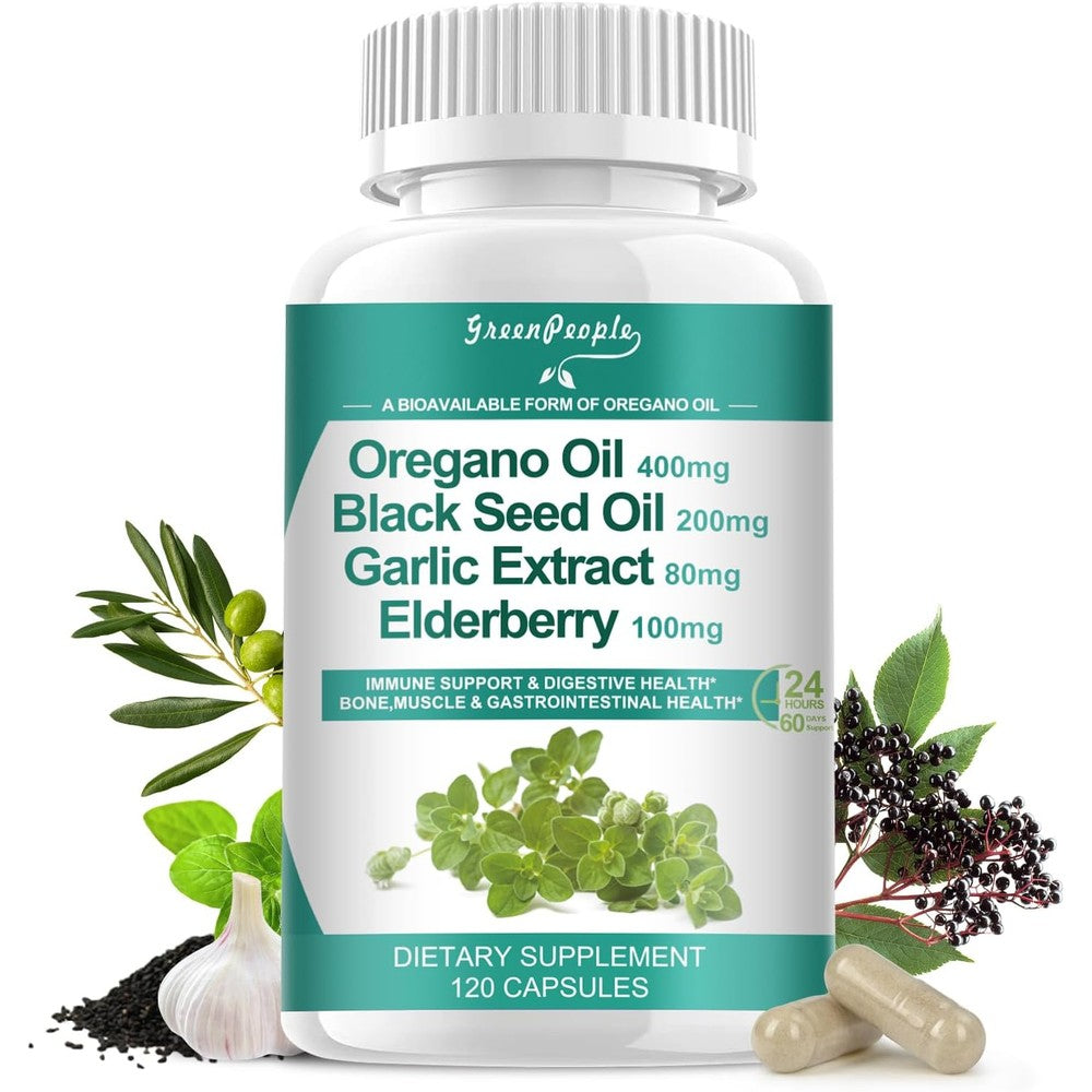 GreenPeople Organic Oregano Oil and Black Seed Oil 120 capsules pack front view showing immune support supplement bottle.