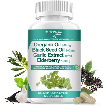 GreenPeople Organic Oregano Oil and Black Seed Oil 120 capsules pack front view showing immune support supplement bottle.