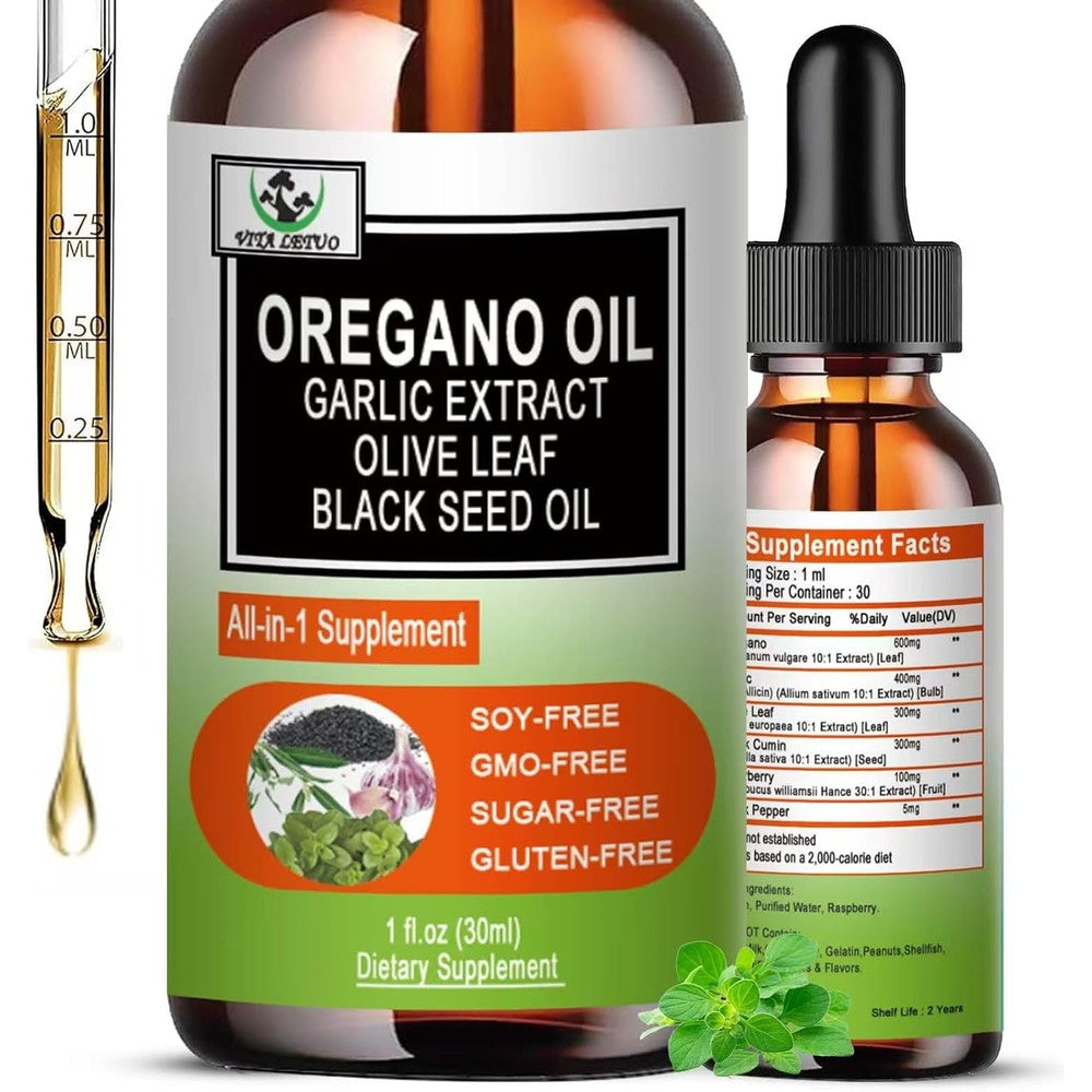 Vita Letuo Organic Oil of Oregano and Black Seed Oil liquid dropper bottle front view