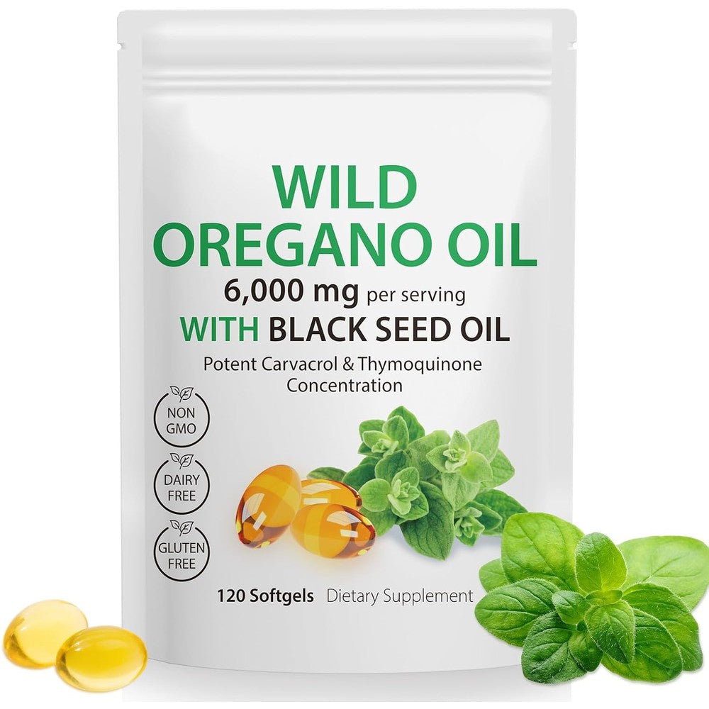 Tooffi 2-in-1 oil of oregano with black seed oil softgels front label showing 120 capsules container
