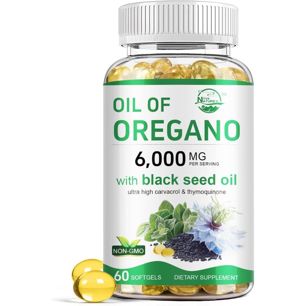 Nature's Live Oil of Oregano Black Seed Oil Softgels immune support front view bottle