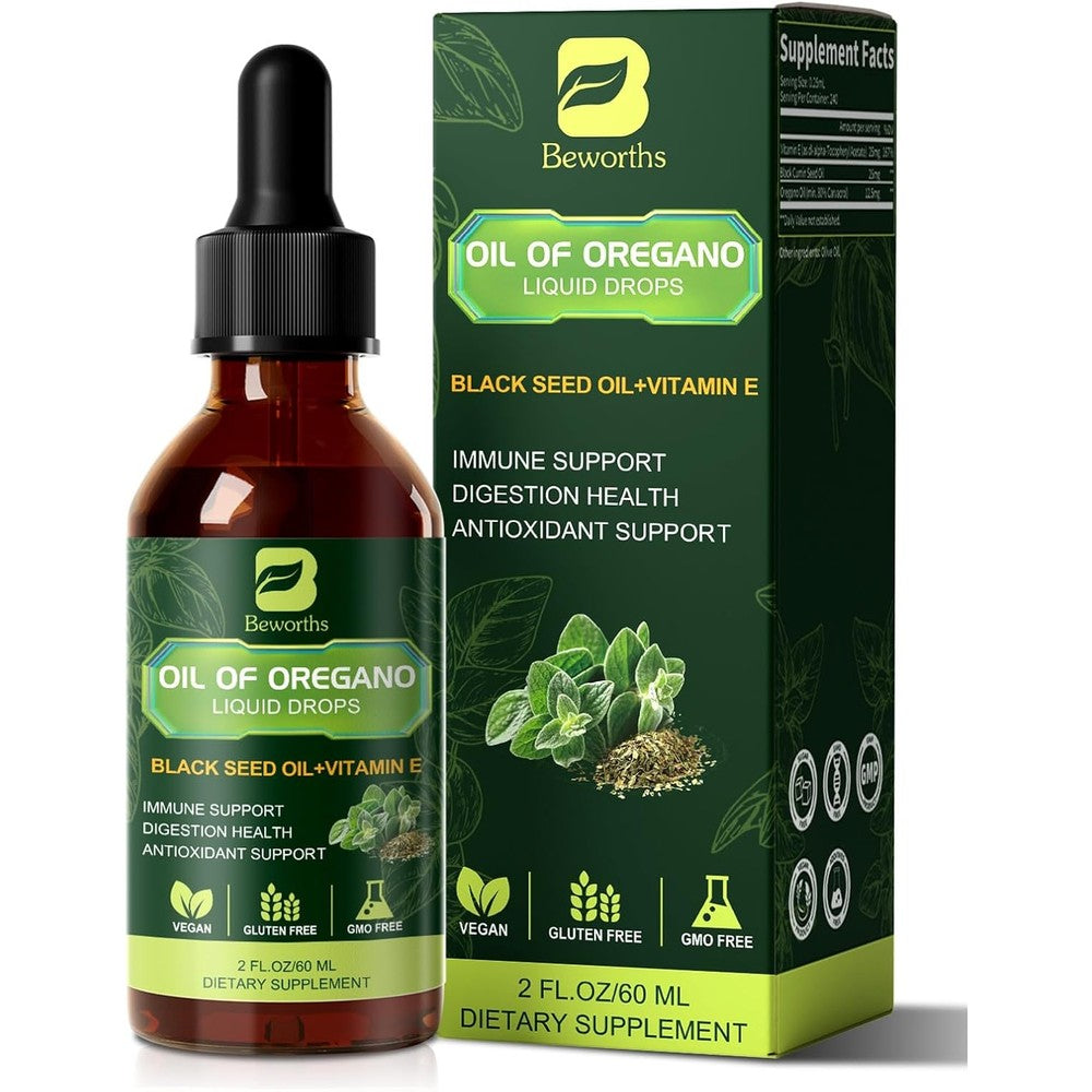 B BEWORTHS Organic Oregano Oil Black Seed Drops front view of bottle for immune health