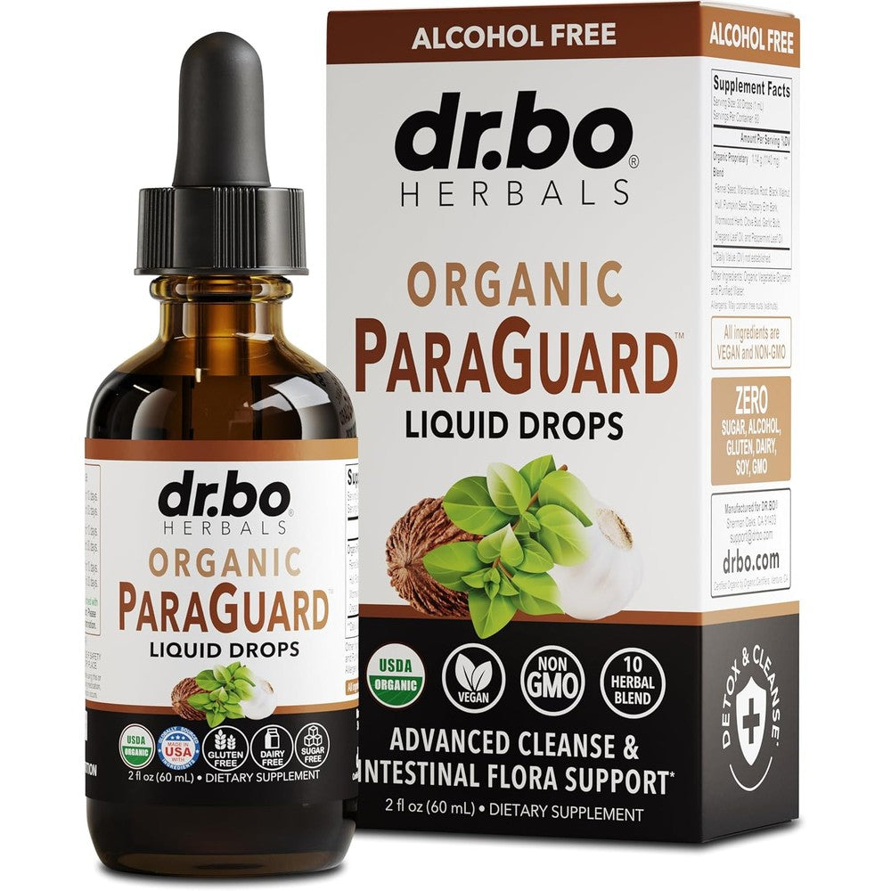 Dr Bo ParaGuard Cleanse Liquid Organic Detox Drops front view of bottle and packaging