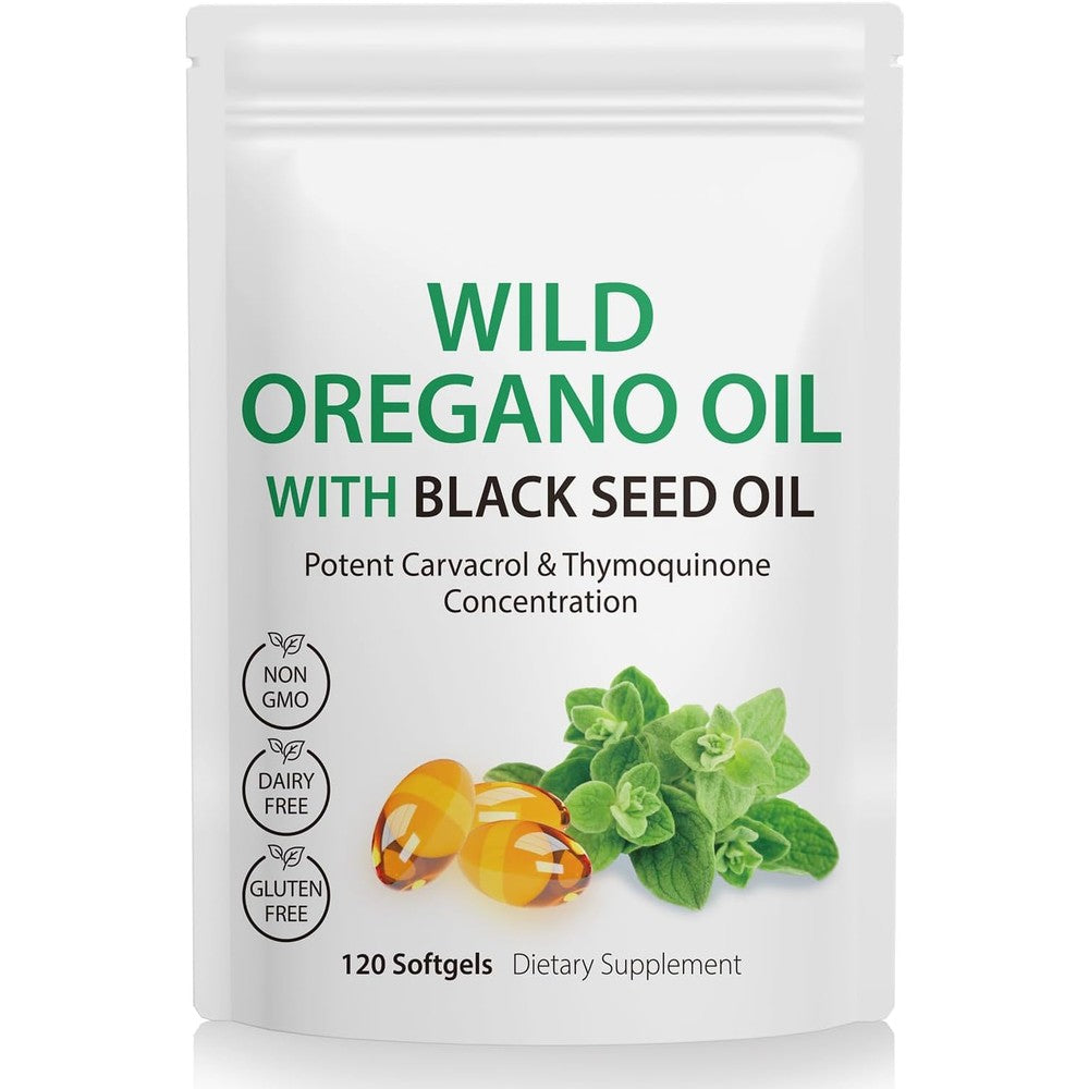 Nyloriaine Oil of Oregano and Black Seed Oil 120 Capsules bottle front view showing immune support supplement benefits.