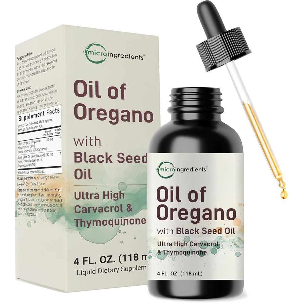 Micro Ingredients Oil of Oregano and Black Seed Oil bottle front view for immune wellness