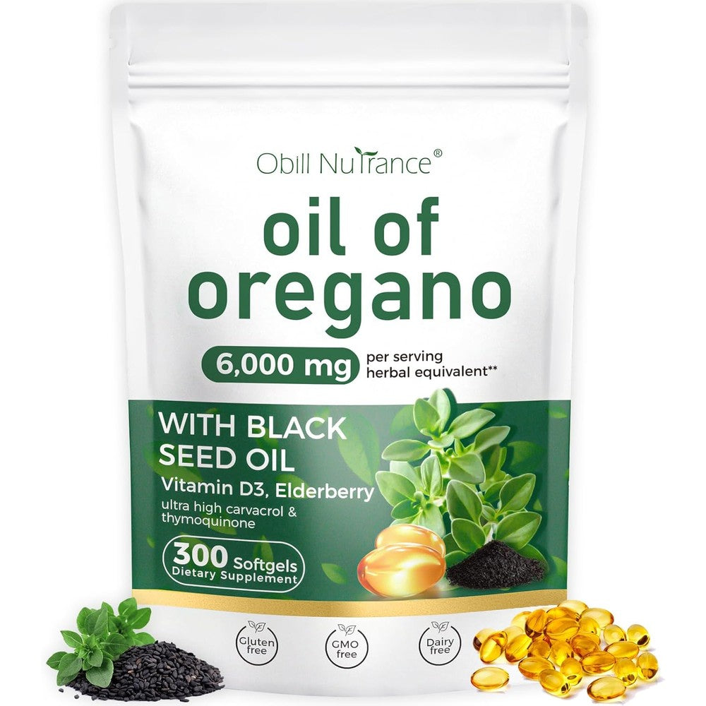 Obill NuTrance Oil of Oregano and Black Seed Oil Complex 300 capsules bottle front view.