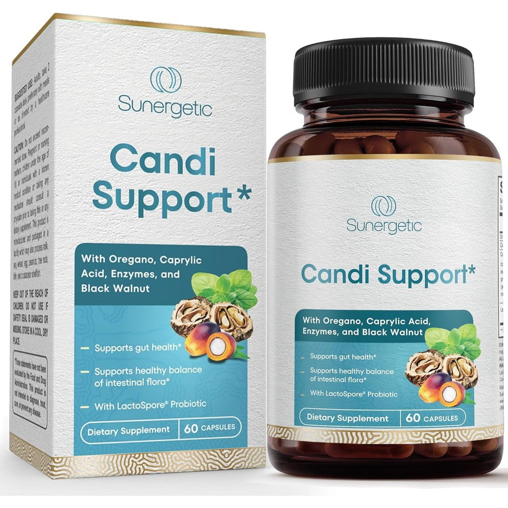 Sunergetic Candida Support and Digestive Cleanse Complex 60 capsules front packaging bottle