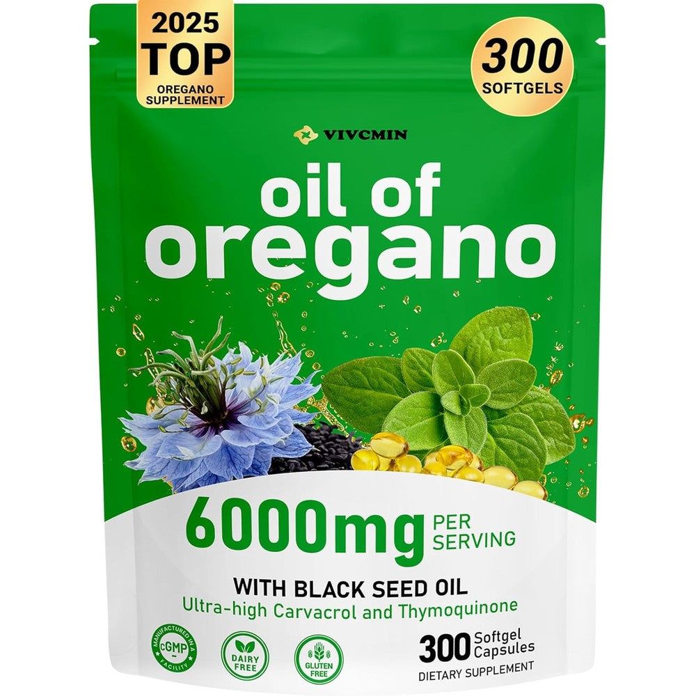 Vivcmin Oil of Oregano and Black Seed Oil Complex 300 softgels bottle front view for immune support.