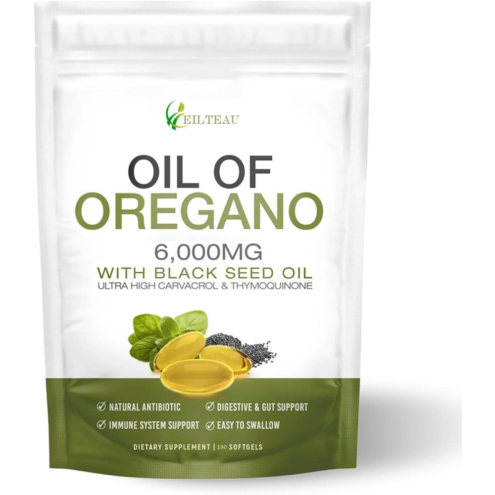 EILTEAU Oil of Oregano with Black Seed Oil 180 softgels pouch front view for premium immune support.