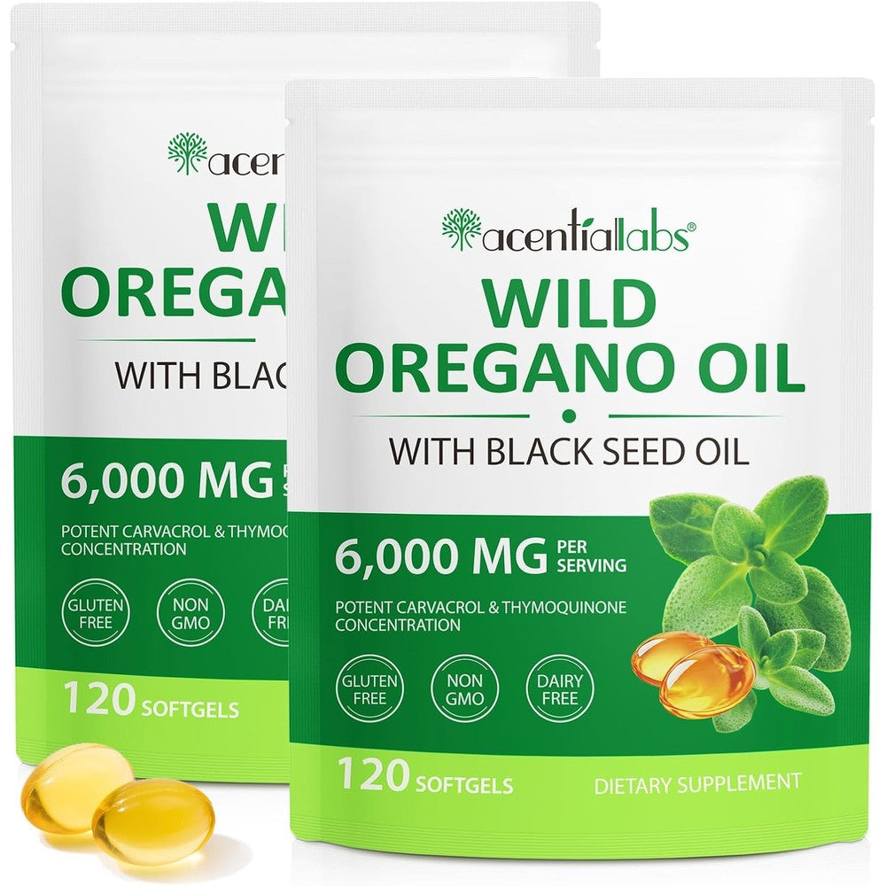 Acentia Labs Mcukv Oil of Oregano and Black Seed Oil Capsules complex front container view showing immune support claims