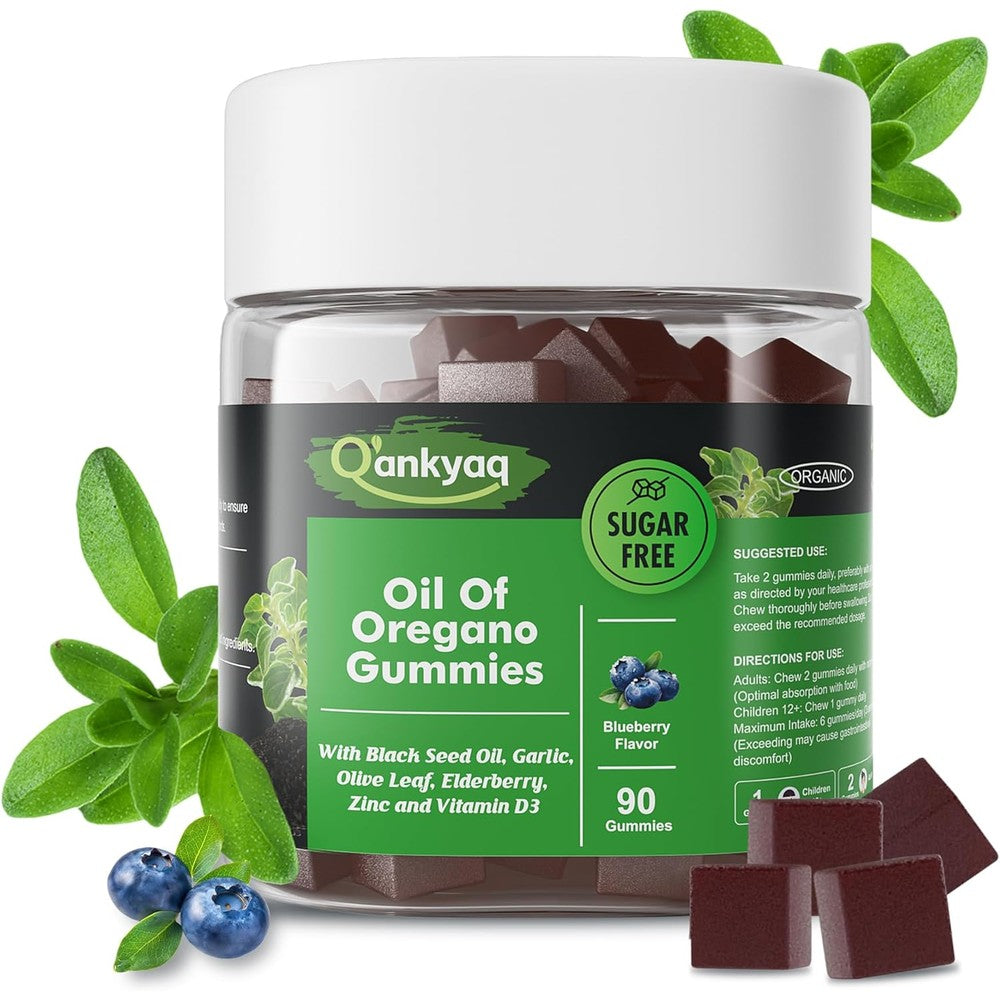 NEVISS oregano oil gummies front view of the 90 count bottle showing blueberry flavor graphics