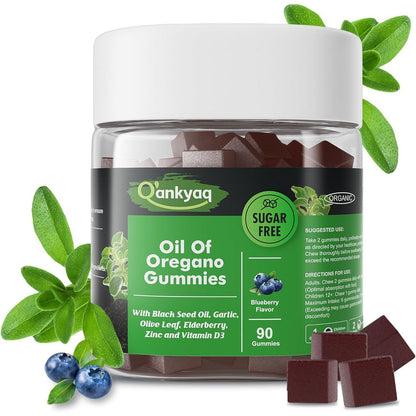 NEVISS oregano oil gummies front view of the 90 count bottle showing blueberry flavor graphics