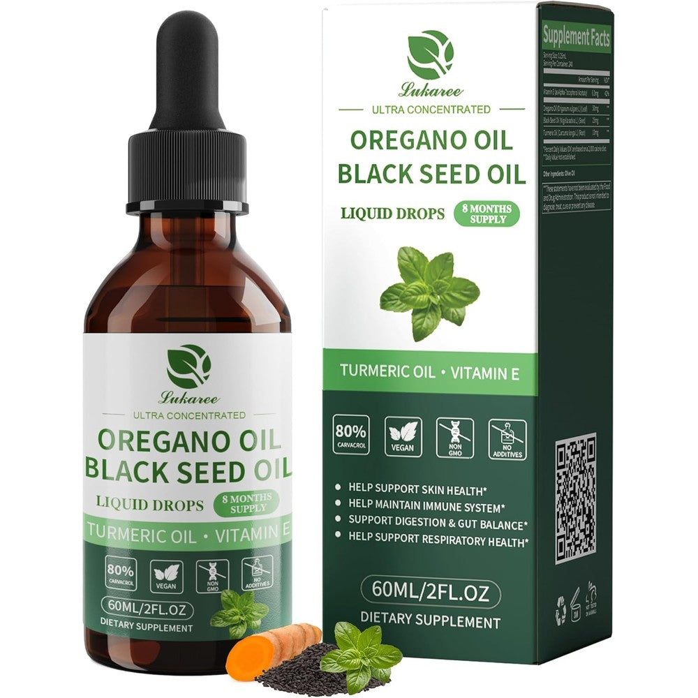 Lukaree Oil of Oregano Drops front view packaging showcasing immune and digestive support benefits