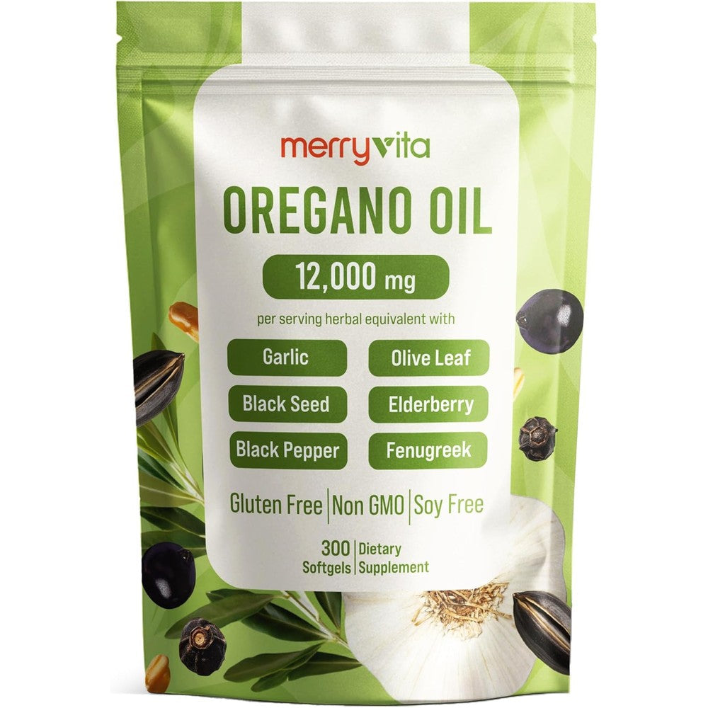 Merry Vita Oil of Oregano and Black Seed Oil 300 Softgels front pouch view showing 7-in-1 immune support complex.
