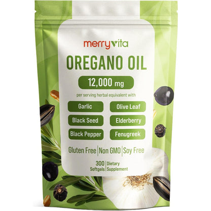 Merry Vita Oil of Oregano and Black Seed Oil 300 Softgels front pouch view showing 7-in-1 immune support complex.