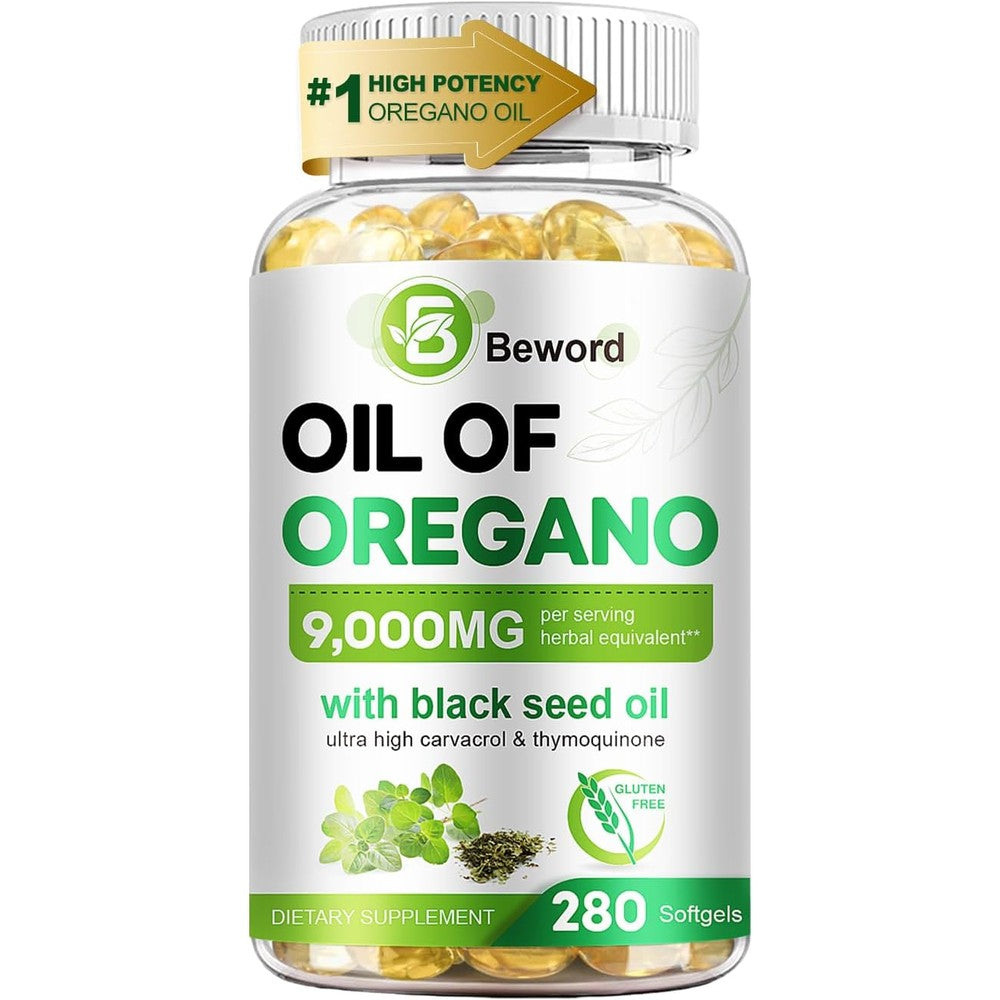 BEWORD Oil of Oregano with Black Seed Oil front view bottle of immune supplement softgels.
