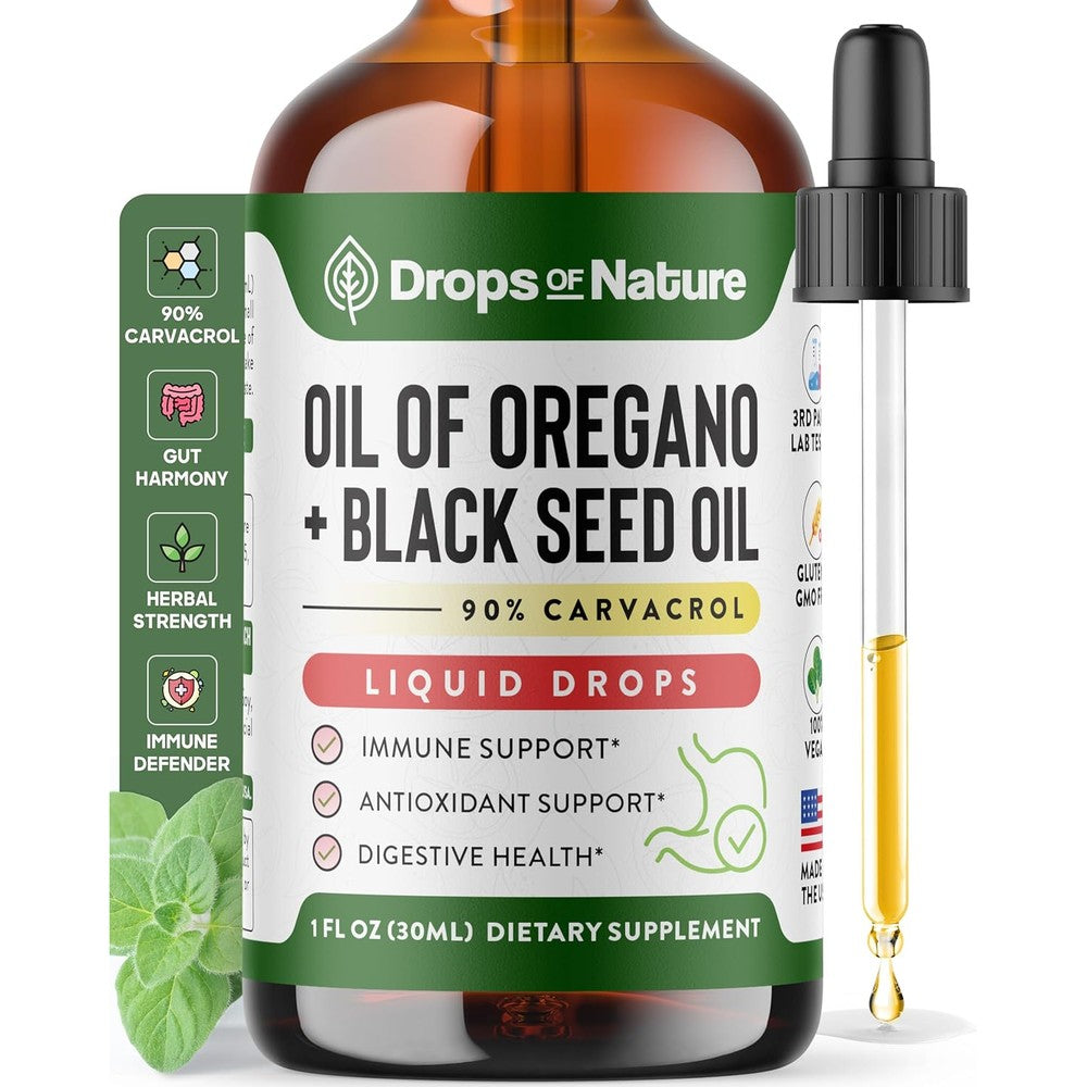 Drops Of Nature Oil Of Oregano And Black Cumin Seed Oil bottle front view for premium immune support supplements.