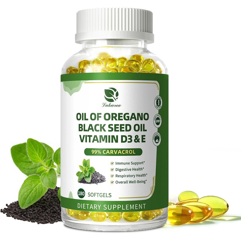 Lukaree Oil of Oregano and Black Seed Oil 180 Softgels bottle front view for immune defense