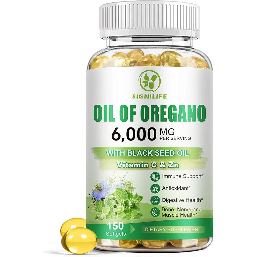 SIGNILIFE Oil of Oregano with Black Seed Oil 150 capsules front bottle view for authentic immune support.