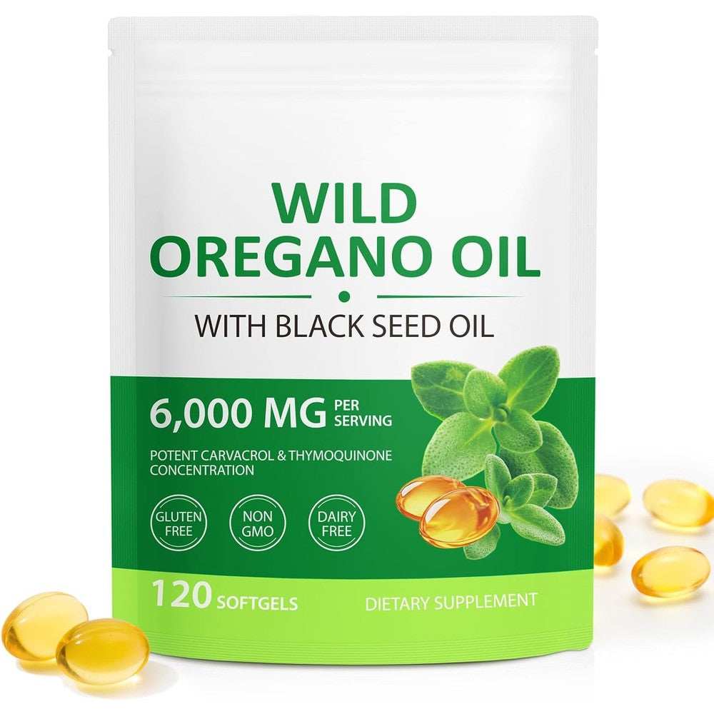 Cacukn Organic Oregano Oil and Black Seed Oil 120 softgels bottle front view showcasing organic immune supplement labels.