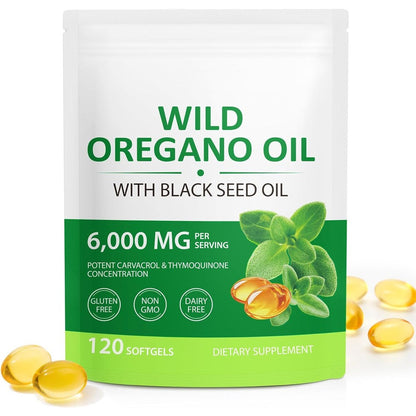 Cacukn Organic Oregano Oil and Black Seed Oil 120 softgels bottle front view showcasing organic immune supplement labels.