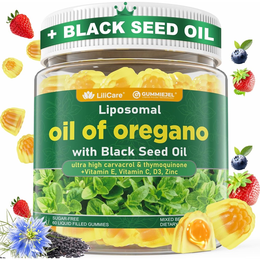 Lilicare oil of oregano and black seed oil gummies front bottle view for immune system health