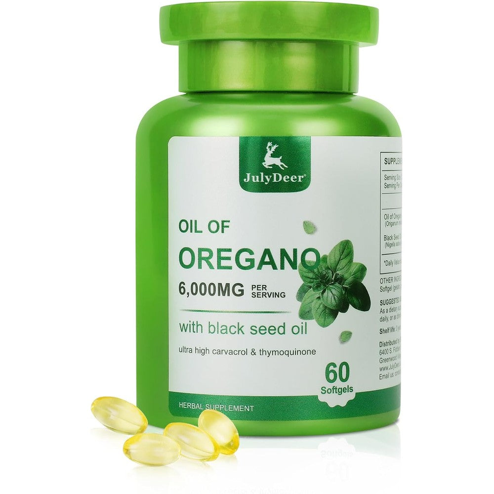 JulyDeer Oil of Oregano and Black Seed Oil 60 softgels bottle front view for premium immune support.