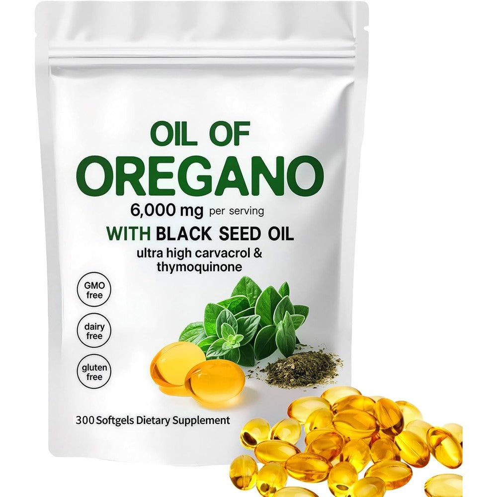 YATIME Oil of Oregano with Black Seed Oil 300 capsules front view bottle showing immune support benefits.
