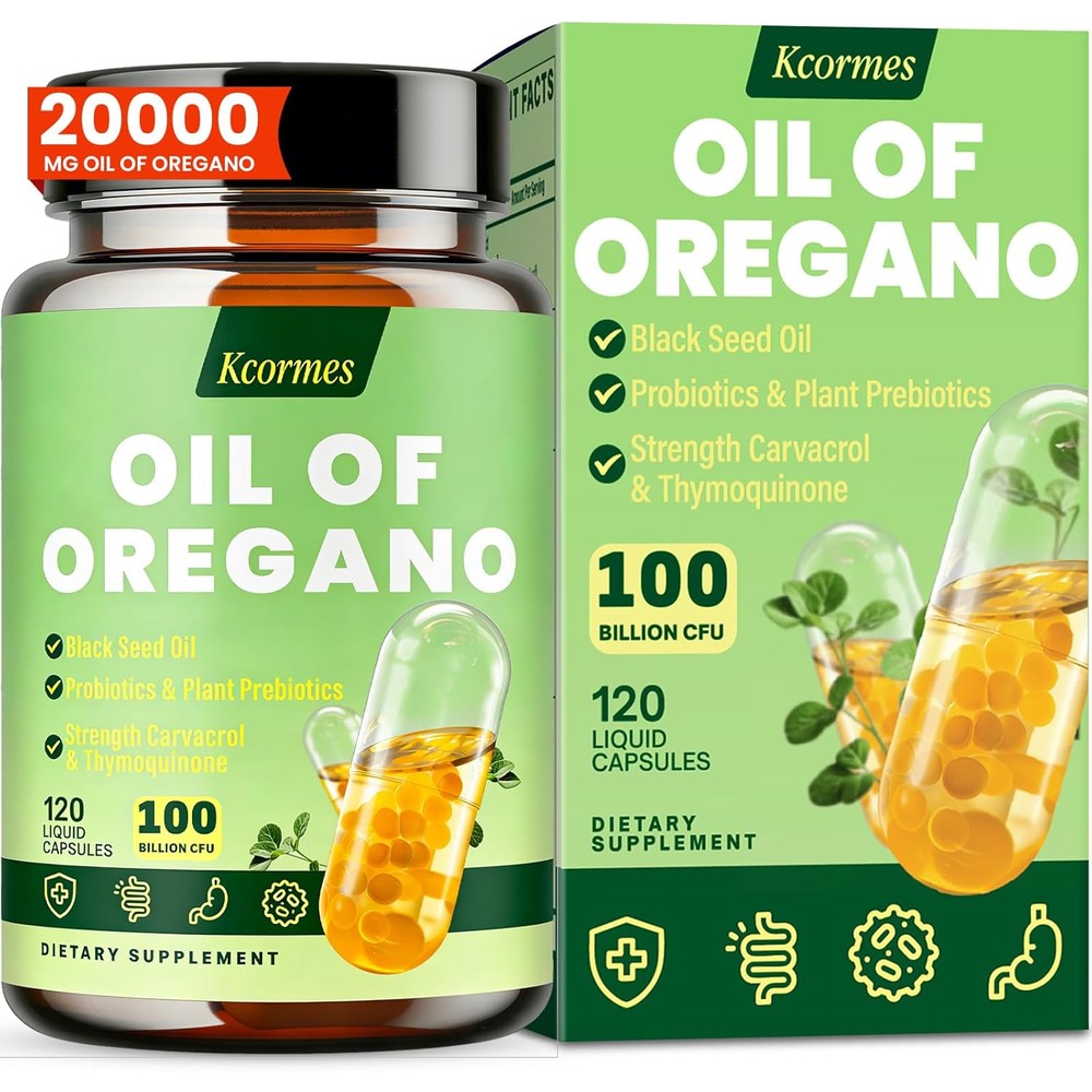 Kcormes Oil of Oregano 20000mg with Black Seed Oil bottle front view