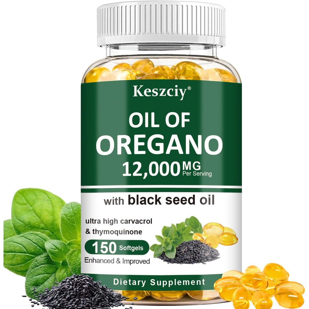 Keszciy Oil Of Oregano And Black Seed Oil 150 Softgels bottle front view for immune support.