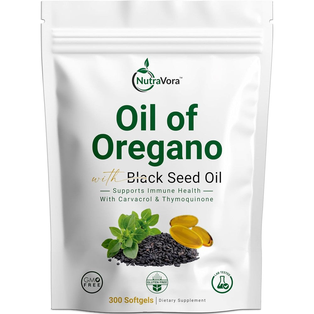 NutraVora Oil of Oregano and Black Seed Oil 300 softgels bottle front view for immune defense