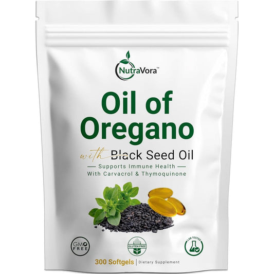 NutraVora Oil of Oregano and Black Seed Oil 300 softgels bottle front view for immune defense