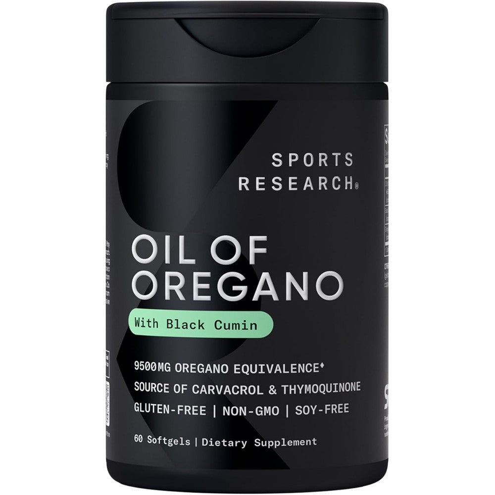 Sports Research Oil of Oregano 9500mg front view bottle showing 60 softgels immune supplement.