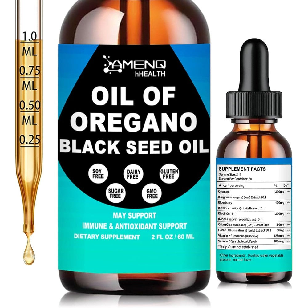 iMATCHME Amenq Oregano Essential Oil and Black Seed Drops front view bottle for immune health