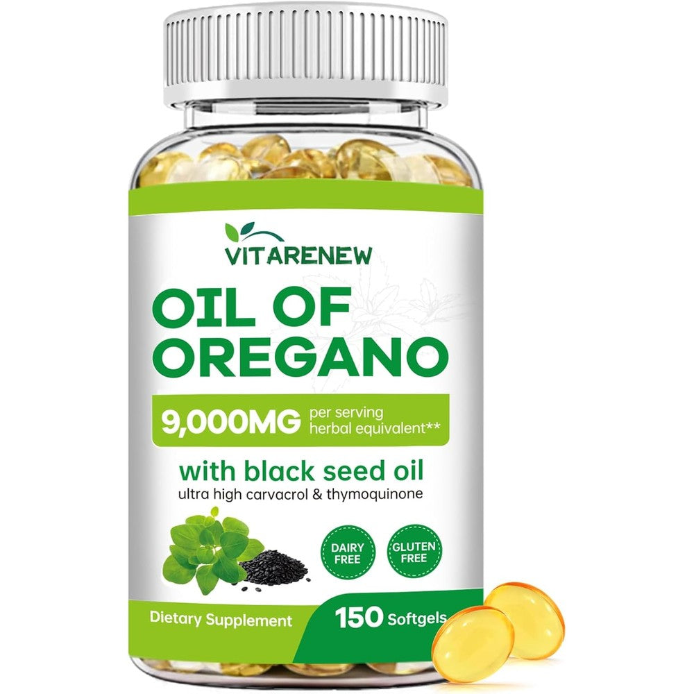 Vitarenew Oil of Oregano and Black Seed Oil 150 softgels front bottle view for immune support supplement