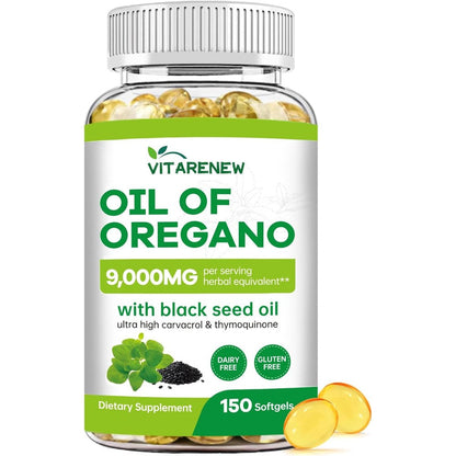 Vitarenew Oil of Oregano and Black Seed Oil 150 softgels front bottle view for immune support supplement
