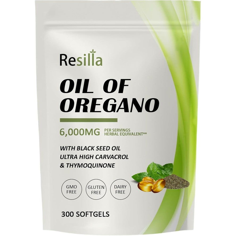Resilia Oil of Oregano and Black Seed Oil 300 softgels front view of pouch