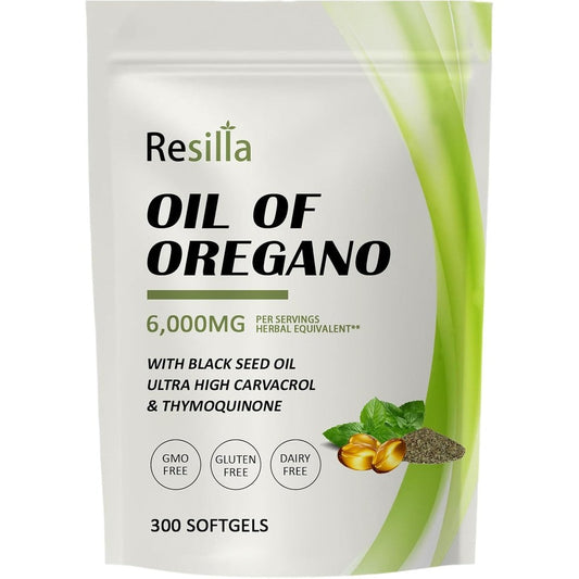 Resilia Oil of Oregano and Black Seed Oil 300 softgels front view of pouch