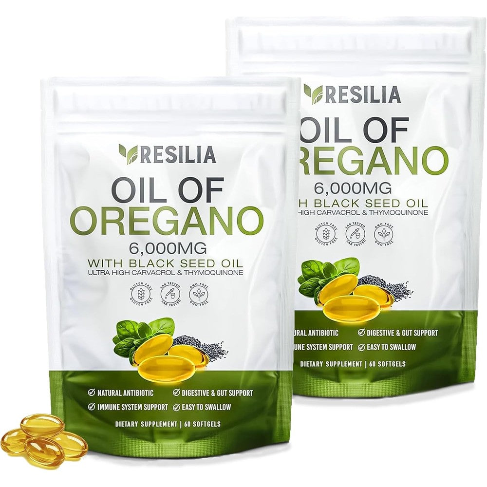 Resilia Oregano and Black Seed Oil 6000mg immune supplement front packaging view