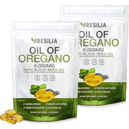 Resilia Oregano and Black Seed Oil 6000mg immune supplement front packaging view