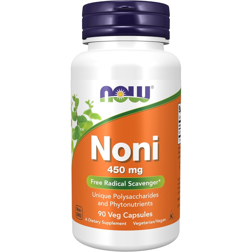 NOW Foods Noni 450 mg 90 vegetarian capsules front bottle view for immune system support
