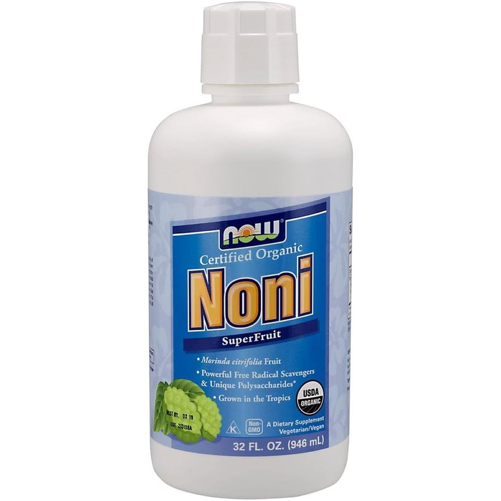 NOW Foods Organic Noni Superfruit Liquid Juice 32 Ounce front view bottle showcasing the organic certification and antioxidant support label.