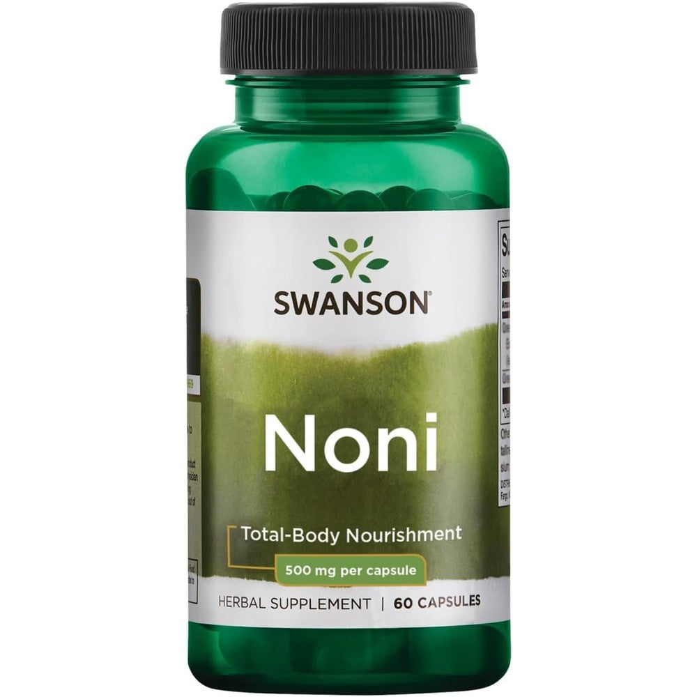 Swanson Noni 500 Milligrams 60 Capsules front bottle view showing freeze dried whole fruit herbal supplement details