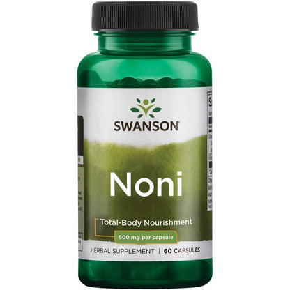 Swanson Noni 500 Milligrams 60 Capsules front bottle view showing freeze dried whole fruit herbal supplement details