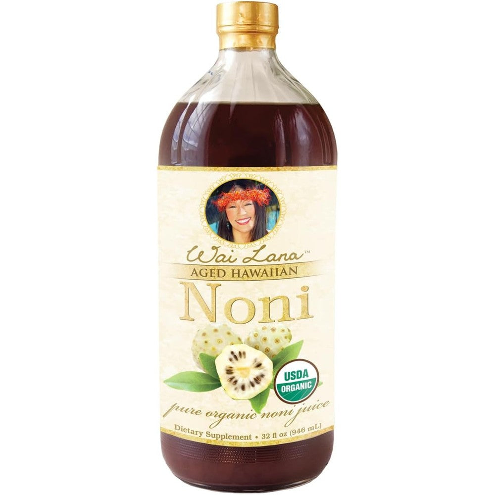 Wai Lana Organic Hawaiian Noni Juice 32 Ounce glass bottle front view showing USDA Organic certification label.